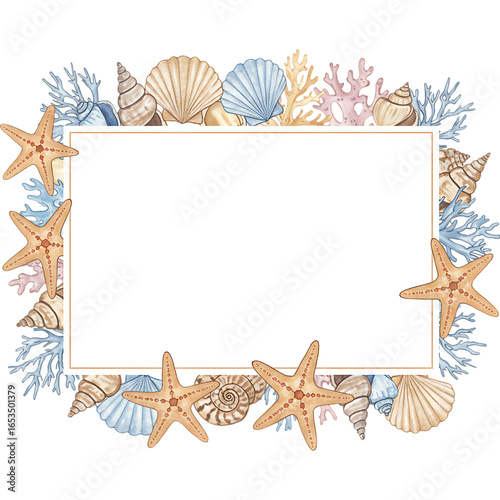 Watercolor beach shells and starfish border with blank white rectangle isolated on transparent background
