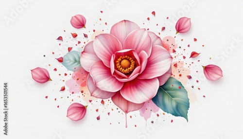 expressive watercolor featuring a camellia scattered petals on white on a white background, airy and refined.
