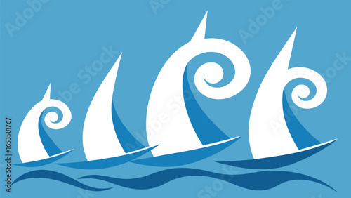 Four Stylized Sailboats with White and Blue Sails on a Blue Ocean and Sky sailing