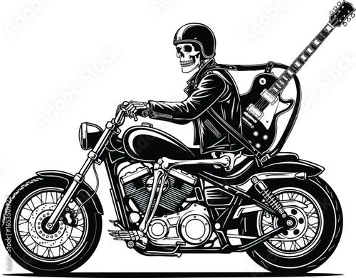 A skeletal figure wearing a helmet and leather jacket rides a motorcycle, carrying a guitar on its back.