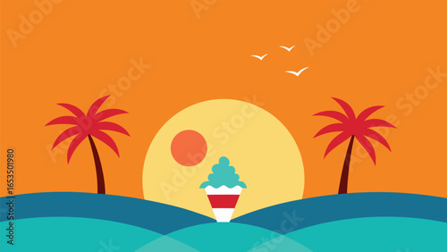 Ice Cream Sundae Between Palm Trees at Sunset with Birds Flying dessert treat
