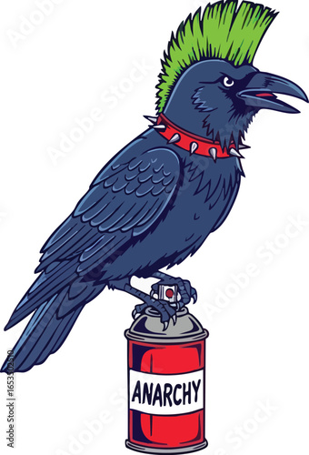 A punk rock raven with a green mohawk and spiked collar perches defiantly atop a red spray paint can labeled "ANARCHY," exuding a rebellious spirit.