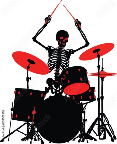 A skeletal figure energetically plays a drum set with red cymbals and accents, holding drumsticks aloft.