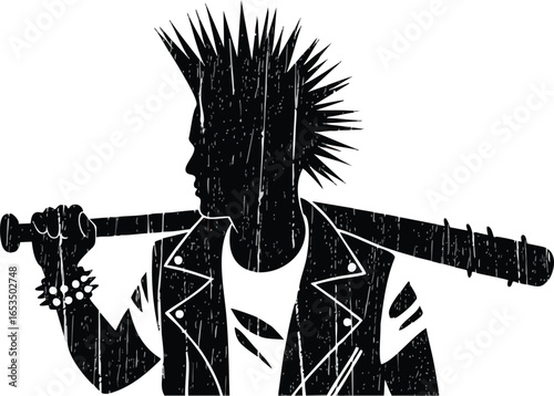 Silhouette of a punk individual with a spiked mohawk hairstyle, wearing a leather jacket and holding a baseball bat over their shoulder, conveying a rebellious attitude.