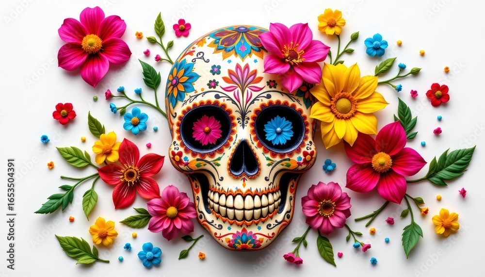 folk art skull with sugar flowers rendered as a vibrant festival art on a clean white background, not filling the frame.