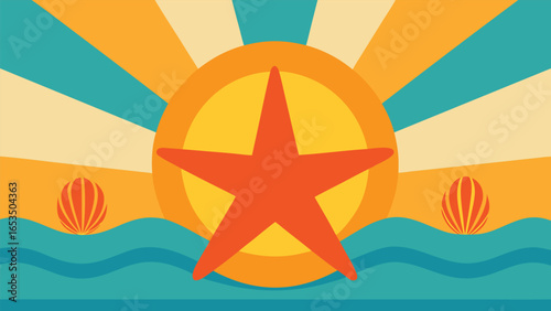 Retro Sunset Starfish And Ocean Waves Graphic Design sunrise