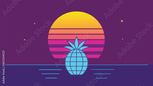 Retro Sunset with Pineapple Silhouette Over Water Keywords: pineapple, fruit, tropical, silhouette, retro, 80s, synthwave, vaporwave, sunset, sun, sky, water, ocean, sea, reflection, horizon