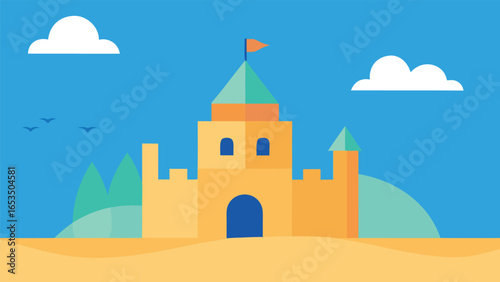Sandcastle on Beach Under Blue Sky With Clouds and Birds ocean