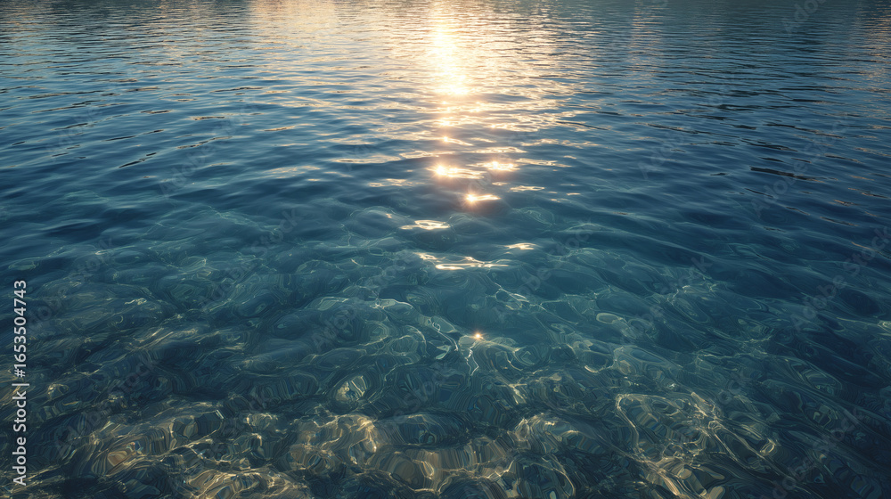 Fototapeta premium A serene, high-angle shot of a transparent water surface with gentle ripples. The image highlights the natural, liquid texture and the distortion of the blurred shapes below