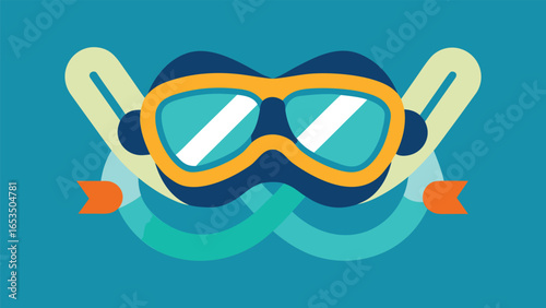Stylized cartoon goggles with a ribbon and abstract shapes on a teal background