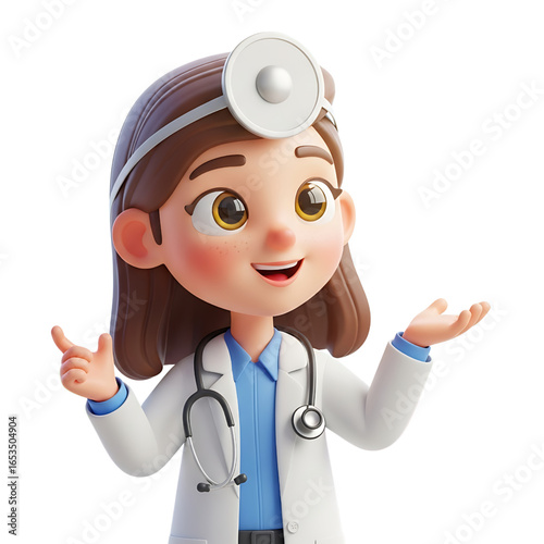 3D illustration of a cartoon-style doctor wearing a lab coat and stethoscope, smiling and posing in a friendly manner against a transparent background.