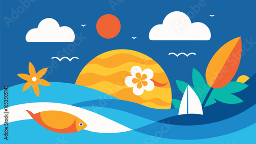 Stylized Tropical Summer Landscape With Ocean And Sun Keywords: tropical, summer, landscape, stylized, ocean, sun, beach, vacation, holiday, nature, water, waves, sky, clouds, sailboat, surfboard
