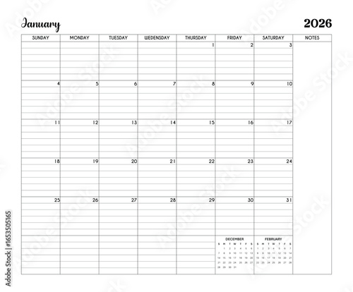 January 2026 Minimalist Printable Calendar Page with Notes Section