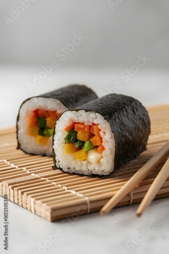 Fresh vegetarian sushi roll with rice, seaweed, avocado, carrot, and mango filling served on bamboo mat with chopsticks, traditional Japanese cuisine concept and healthy food style