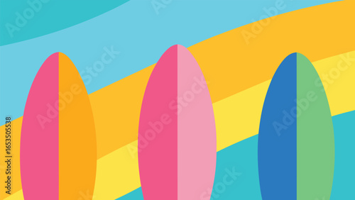 Three Colorful Surfboards Lined Up on a Bright Background surfing beach
