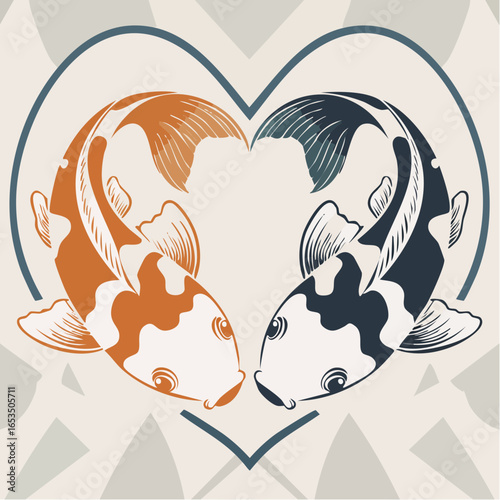 Serene cartoon koi fish swirling into a heart shape with vibrant orange and crisp white scales accented by minimalist black lines and pale aqua ripples 