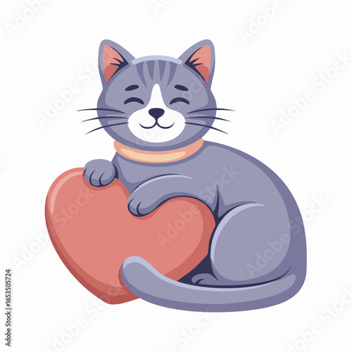 Contented cartoon cat curled around a plush heart-shaped pillow in dusty lavender fur with a pastel peach collar and silver whiskers – minimalist vector for pet wellness, heartwarming greeting cards