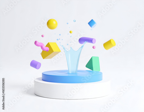 Wallpaper Mural Vibrant 3D render of colorful geometric shapes floating around a dynamic water splash on a pristine white background. Torontodigital.ca
