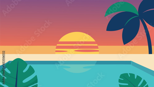 Tropical Sunset Over Swimming Pool With Palm Trees And Tropical Leaves vector illustration