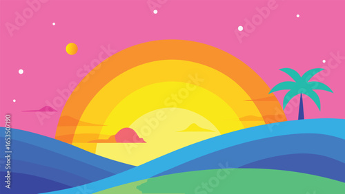 Vibrant Sunset Over Rolling Waves with Palm Tree sunrise ocean
