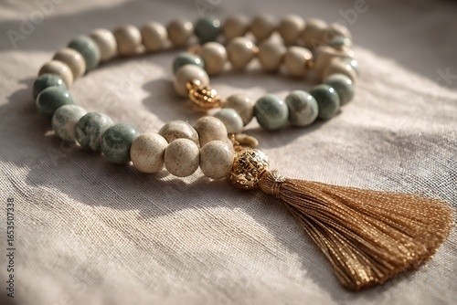 Elegant mala beads with natural stones and a luxurious gold tassel resting on textured fabric, evoking serenity and style.
