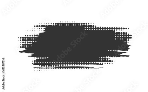 Grunge smudge isolated on white. Halftone blot with brush texture. Black stain dry paint stroke. Abstract ink splash mark, dirty stripe, edgy scratch, rough patch, messy details grain faded print