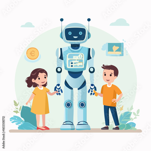 Flat vector of a humanoid robot assisting a family with household chores