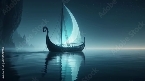 mystical viking longship gliding across serene waters, large crescent moon casting ethereal light on weathered sail and creating mesmerizing reflection on dark ocean surface 4k