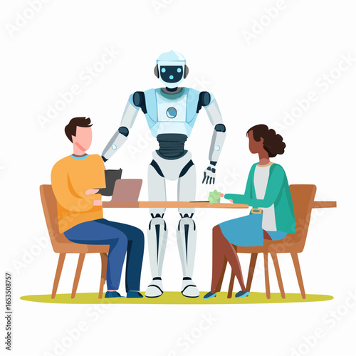 Flat vector of a humanoid robot assisting a family with household chores