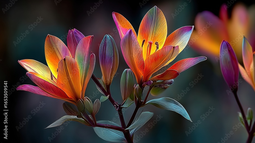 Fototapeta premium Vibrant lilies in full bloom, showcasing colorful petals against a softly blurred background