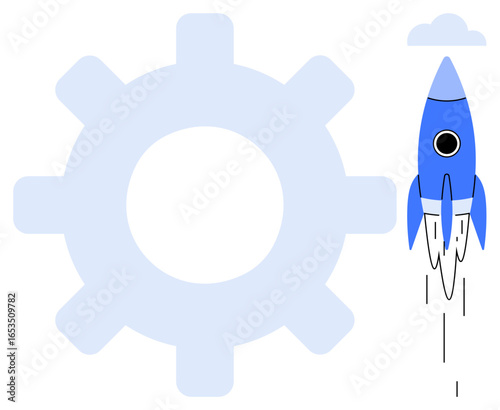 Blue rocket taking off beside a large gear with a cloud above. Ideal for tech processes, innovation, business growth, startup success, engineering, strategy, and futuristic concepts. A simple flat
