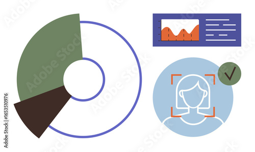 Pie chart, analytics dashboard, and facial recognition icon with a checkmark representing data analytics, identity verification, and performance tracking. Ideal for technology, statistics, security