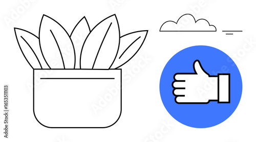 Potted plant with broad leaves, thumbs-up icon in blue circle, and minimal cloud detail. Ideal for environment, sustainability, positivity, approval, social media, nature simple landing page
