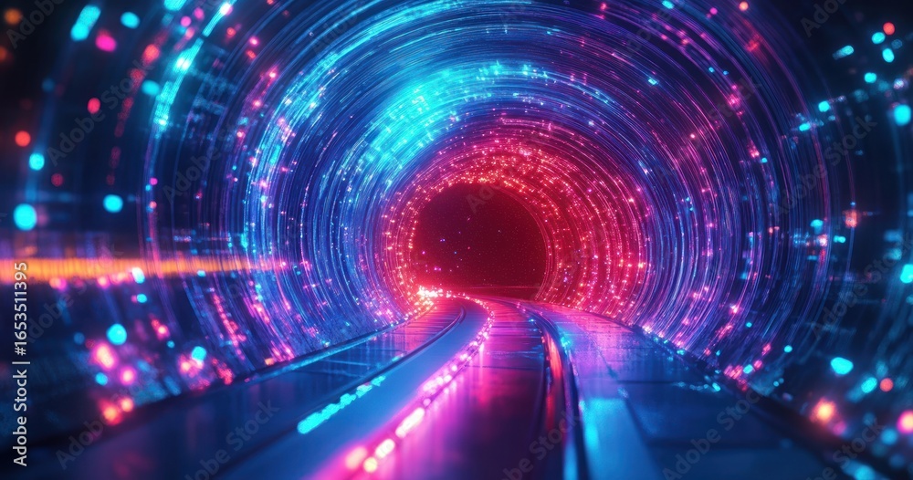 Obraz premium Futuristic glowing tunnel with vibrant neon blue and pink lights forming circular patterns around a curved pathway, creating a dynamic and immersive sci-fi atmosphere