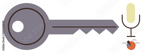 Large key next to a microphone and pie chart symbolizes secure access, voice recognition, and data analysis. Ideal for cybersecurity, AI, communication, data privacy, innovation, authentication