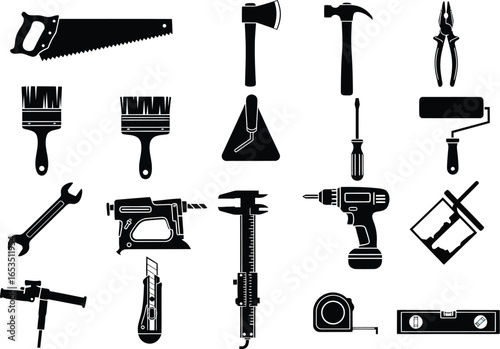Collection of silhouetted hand tools and power tools for construction and diy projects