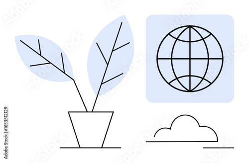 Potted plant with branching leaves next to a globe and a cloud in a clean, geometric design. Ideal for environmental awareness, sustainability, growth, nature, global networks, eco-friendly themes