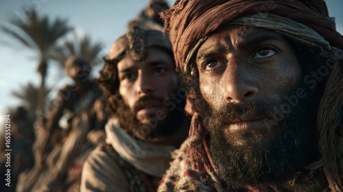 Esau and Jacob journey through the ancient desert, one rugged and bearded, the other soft and draped in fine linen.