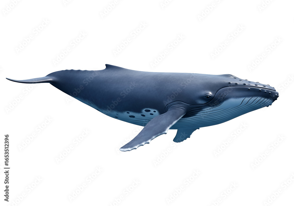 Fototapeta premium A magnificent humpback whale glides gracefully through the deep ocean against a stark black backdrop.