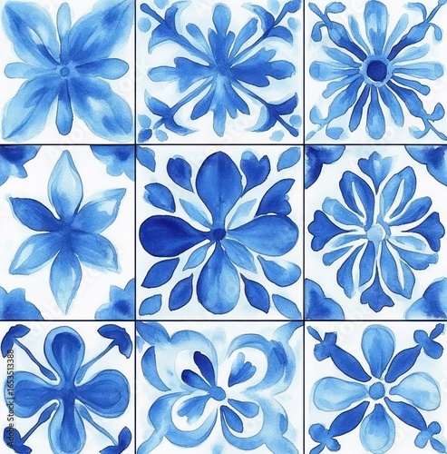 Set of nine blue and white watercolor floral pattern tiles each with distinct stylized flower designs and organic shapes creating a harmonious decorative composition
