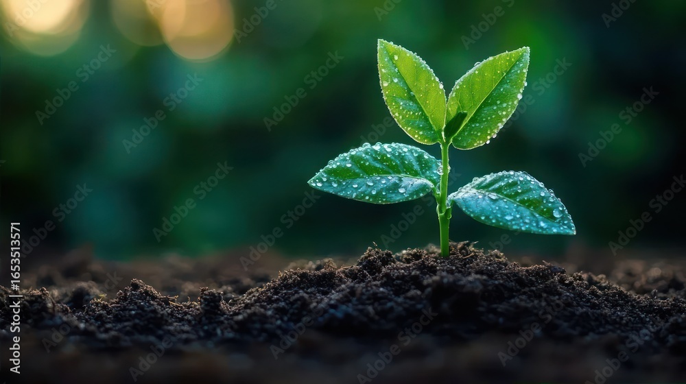 Fototapeta premium Close-up of a small green plant seedling with water droplets growing in dark rich soil with blurred natural background
