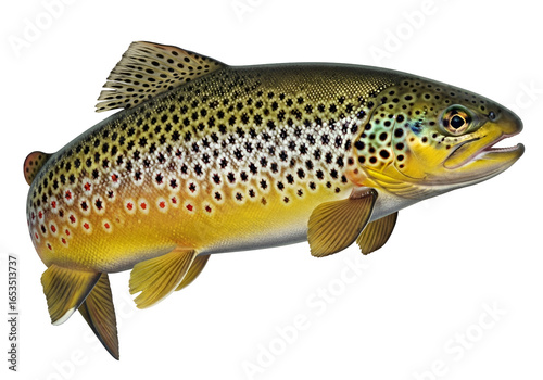 Detailed illustration of a brown trout, showcasing intricate patterns and colors against a dark background.