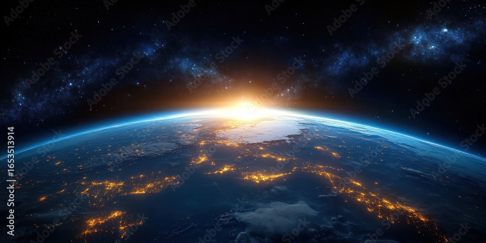 Obraz premium View of Earth from space with city lights glowing at night and the sun rising on the horizon under a starry sky