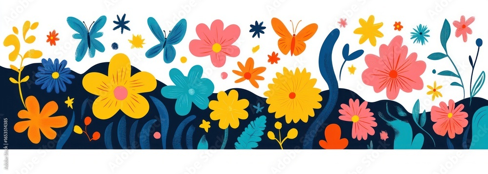 Fototapeta premium Colorful abstract floral and butterfly pattern with large flowers and leaves creating a lively, cheerful, and vibrant scene