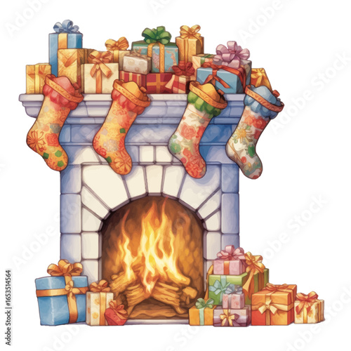 fireplace with christmas gifts and stockings