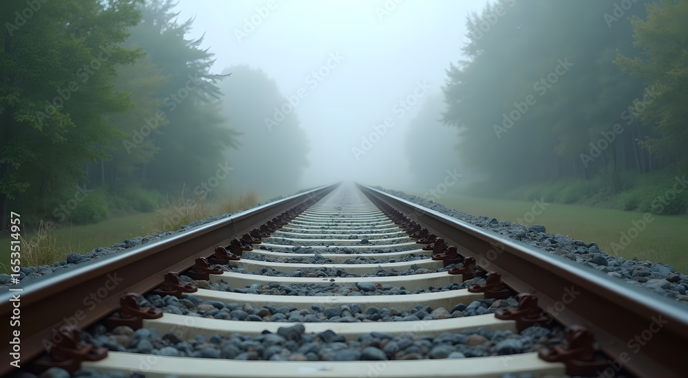 Fototapeta premium Misty Forest Railroad Tracks: Serene, Ethereal, and Tranquil Landscape Photography.