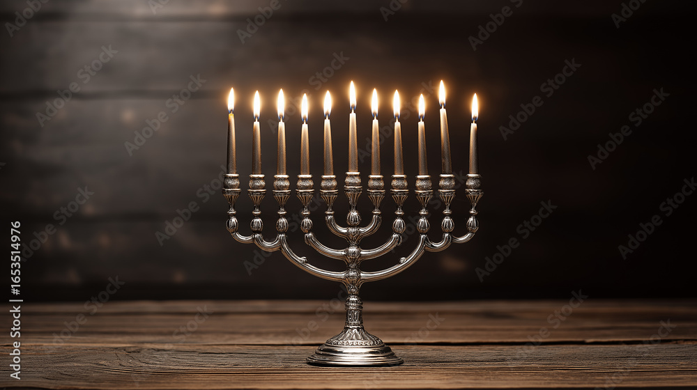 Fototapeta premium Elegant silver menorah with eight glowing candles on rustic wooden table