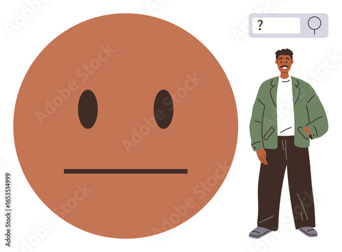 Neutral face emotion beside person in casual outfit, holding phone, near a search bar. Ideal for emotions, decision-making, curiosity, technology, self-expression, communication simple flat metaphor