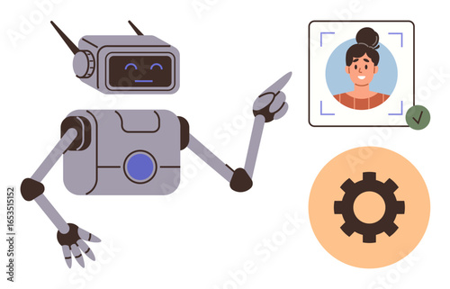 Robot performing facial recognition with user photo inside frame, gear symbolizing settings. Ideal for AI, technology, automation, facial recognition, security systems, user interface, robotics