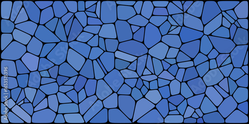 Abstract mosaic of irregular blue polygons with black outlines, forming a stained glass-style geometric pattern.